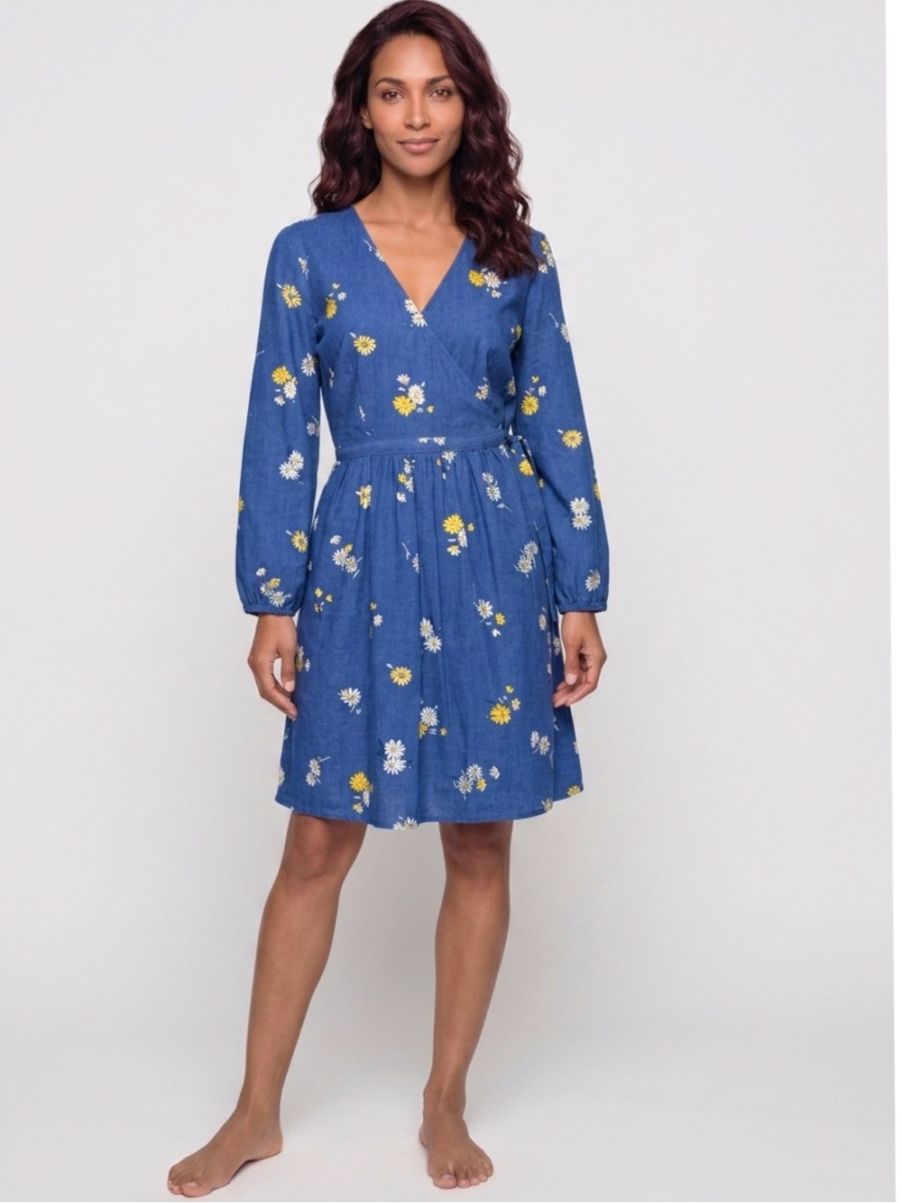 Old Navy Blue Floral Wrap Dress with Yellow & White Daisies
